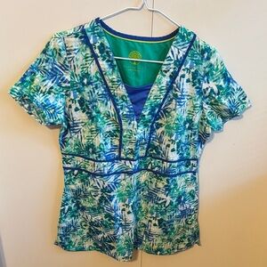 Healing Hands Women’s Small Tropical Green and Blue Short Sleeve Scrub Top
